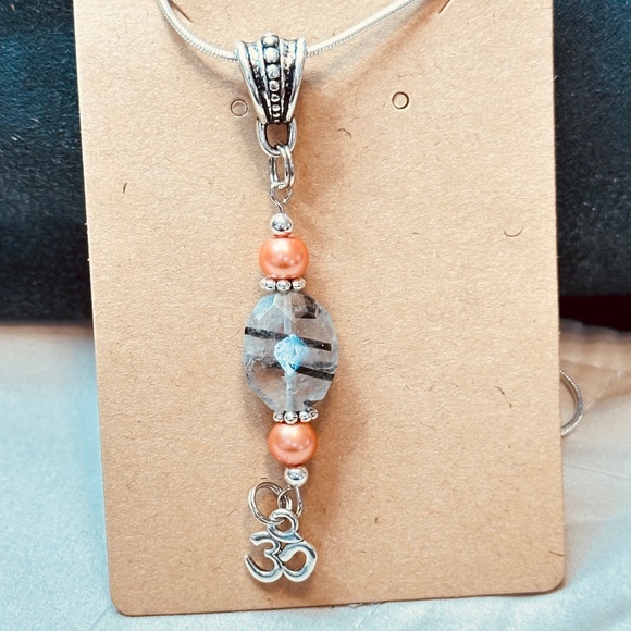925 Sterling Silver Chain Peach Beads, Rutilated Quartz & Om Charm Hand Made - Picture 6 of 11